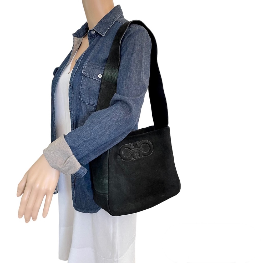 Ferragamo Gancini Suede Black/ Metallic Green Shoulder Bag